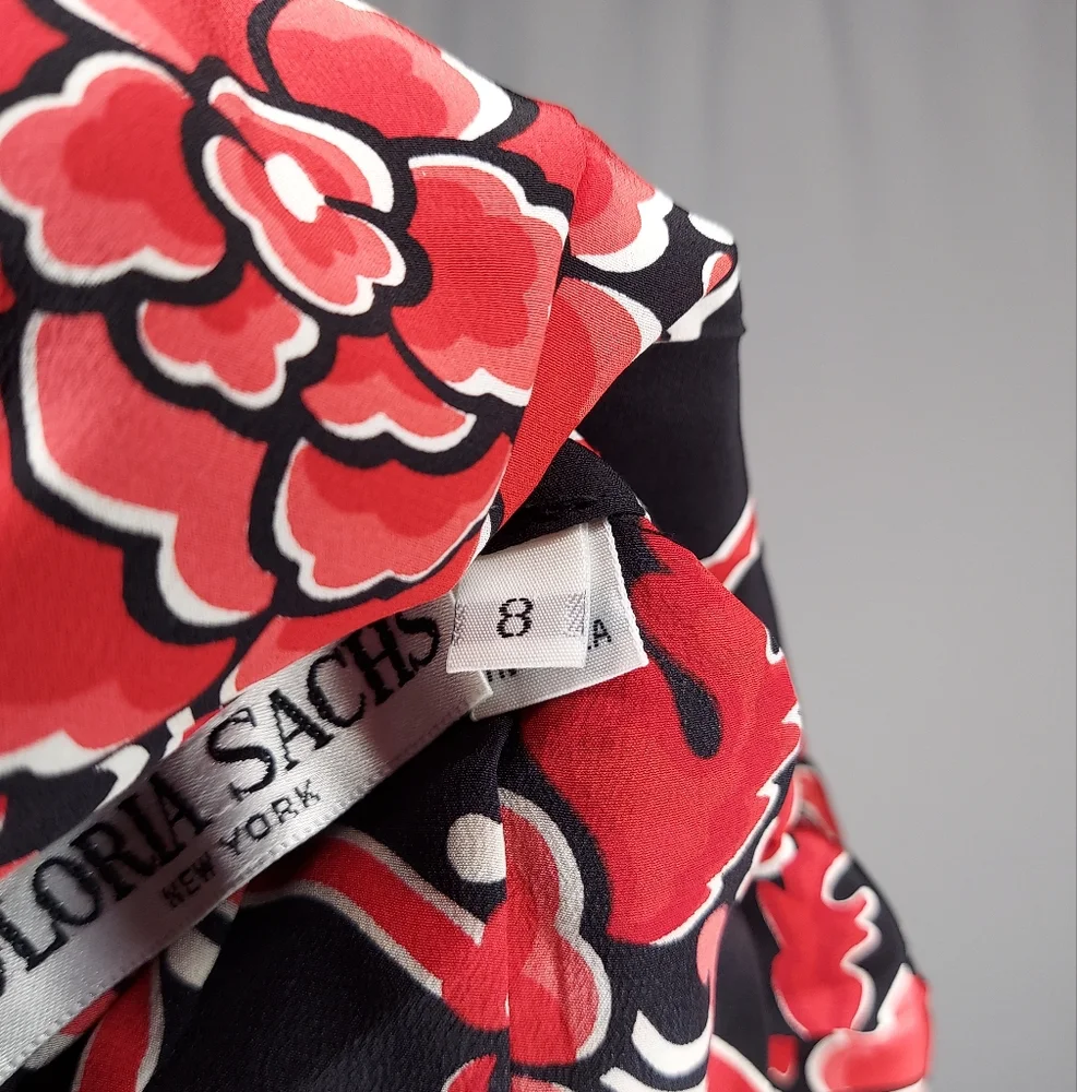 Gloria Sachs Midi Skirt 8 Dark Floral Red Trellis Designer‎ 80s Vtg Whimsy Prep